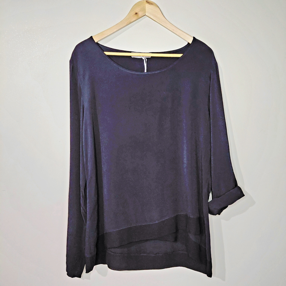 Pistache Black XLarge Asymmetrical Hem Long Sleeve Scoop Neck Sheer Blouse